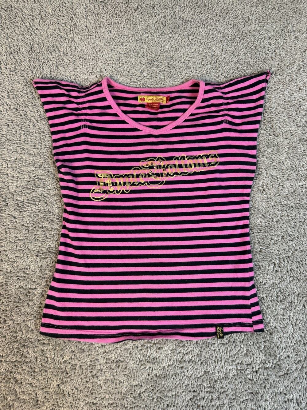 Apple Bottoms Shirt Womens M Pink Striped Tunic V-Neck Cap Sleeve Stretch